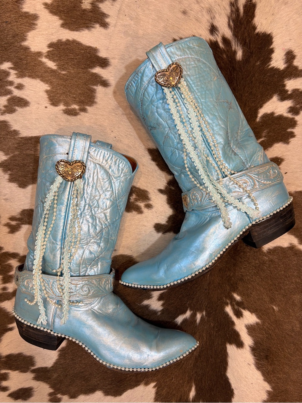 Handcrafted Tony Lama Metallic Light Blue Western Heart Accent Bridal Bling Boot